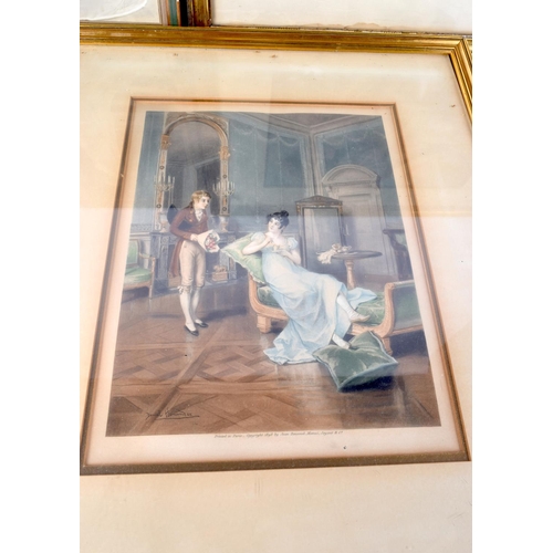 3880 - A pair of framed lithographs together with a photograph of a  female in a Art Nouveau dress 39 x 28 ... 