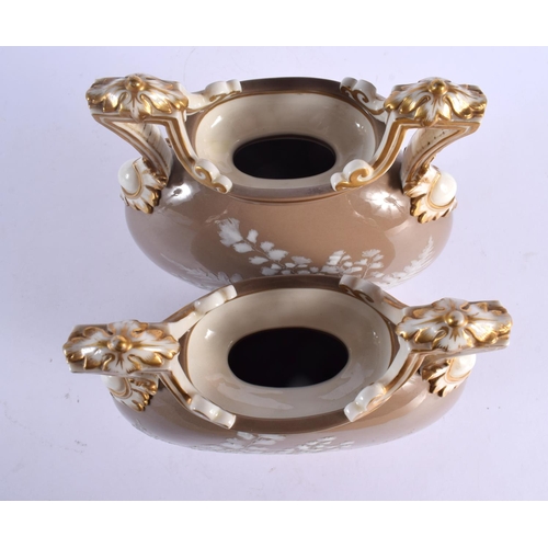 104 - A FINE PAIR OF 19TH CENTURY ENGLISH PATE SUR PATE FLASKS Attributed to Minton, enamelled with foliag... 