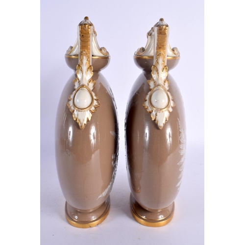 104 - A FINE PAIR OF 19TH CENTURY ENGLISH PATE SUR PATE FLASKS Attributed to Minton, enamelled with foliag... 