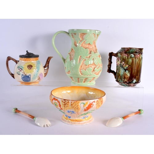 107 - AN AESTHETIC MOVEMENT MAJOLICA TEAPOT AND COVER together with a similar jug, a Beswick jug & a salad... 