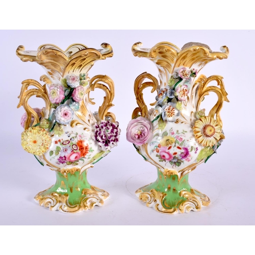 108 - 19th century English porcelain pair of vases with elaborate handles painted and encrusted with flowe... 