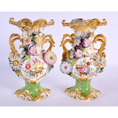 108 - 19th century English porcelain pair of vases with elaborate handles painted and encrusted with flowe... 