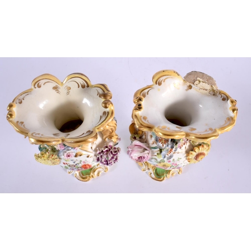 108 - 19th century English porcelain pair of vases with elaborate handles painted and encrusted with flowe... 