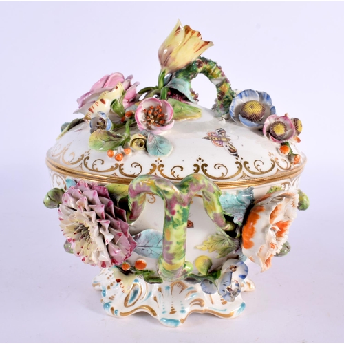 109 - 19th century ecuelle and cover painted and encrusted with flowers probably Chamberlains. 15cm High