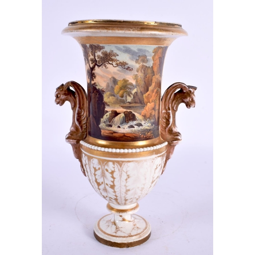 110 - 19th century English porcelain vase with animal head handles painted with the River god and a river ... 