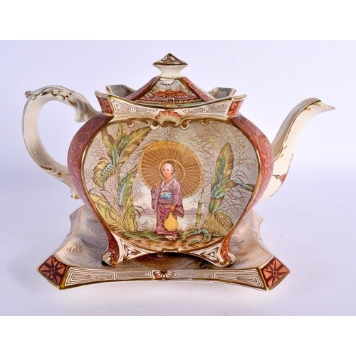 112 - 19th century most unusual and rare English pottery teapot, cover and stand decorated with chinoiseri... 