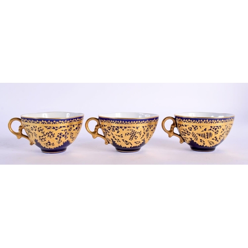 113 - 19th century a superb Venetian porcelain set of three quatre lobed cups and saucers finely gilded li... 