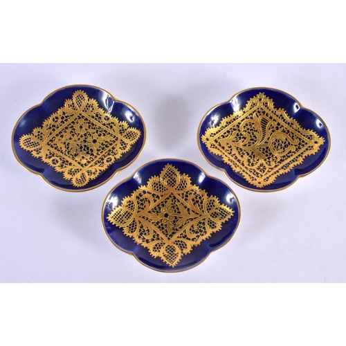 113 - 19th century a superb Venetian porcelain set of three quatre lobed cups and saucers finely gilded li... 