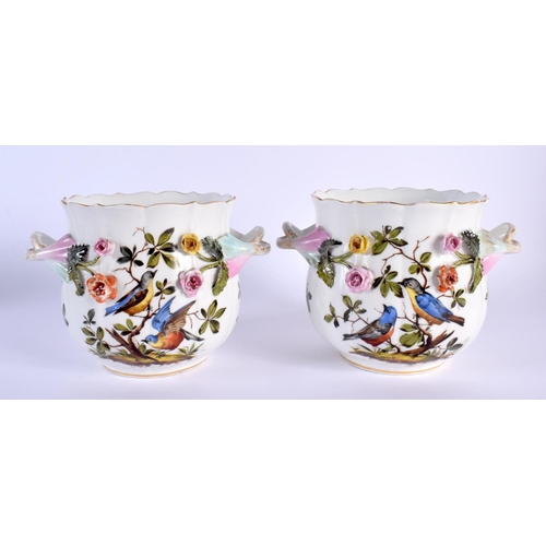 12 - A PAIR OF 19TH CENTURY GERMAN TWIN HANDLED ENCRUSTED PORCELAIN JARDINIERES painted with birds. 17 cm... 