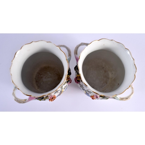 12 - A PAIR OF 19TH CENTURY GERMAN TWIN HANDLED ENCRUSTED PORCELAIN JARDINIERES painted with birds. 17 cm... 