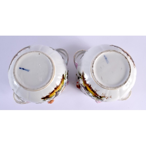 12 - A PAIR OF 19TH CENTURY GERMAN TWIN HANDLED ENCRUSTED PORCELAIN JARDINIERES painted with birds. 17 cm... 