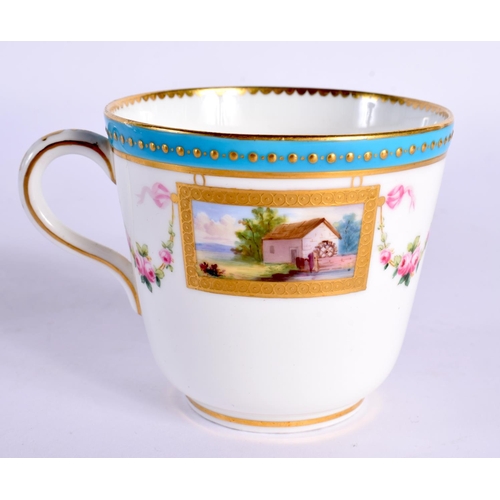 124 - Late 19th century Minton coffee and saucer painted with roses and gilt pendants under turquoise bord... 