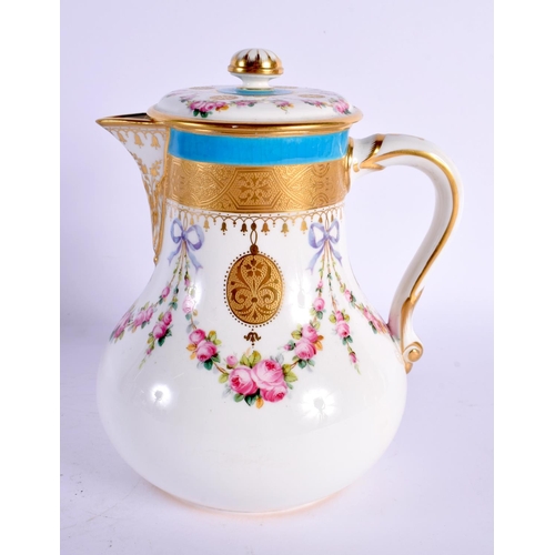 125 - Late 19th century Minton jug and cover painted with roses and gilt pendants under turquoise borders,... 