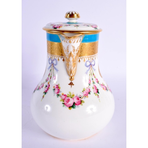 125 - Late 19th century Minton jug and cover painted with roses and gilt pendants under turquoise borders,... 