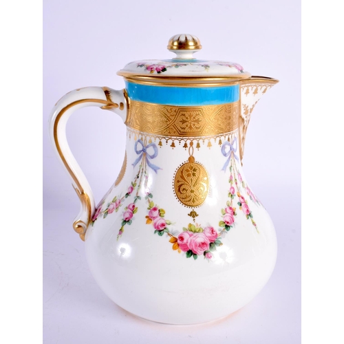 125 - Late 19th century Minton jug and cover painted with roses and gilt pendants under turquoise borders,... 