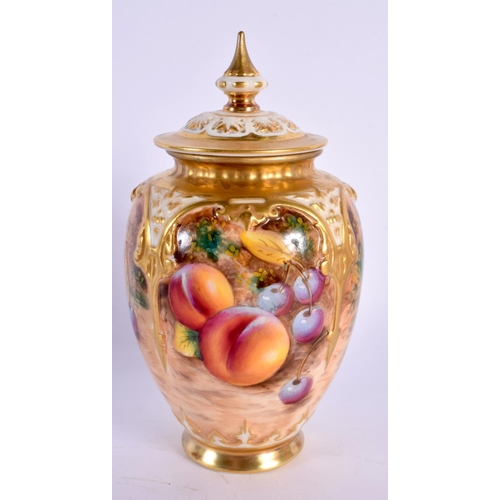 127 - Royal Worcester pot pourri vase and cover painted with fruit by Roberts, black mark shape 168A/H. 15... 