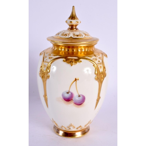 127 - Royal Worcester pot pourri vase and cover painted with fruit by Roberts, black mark shape 168A/H. 15... 