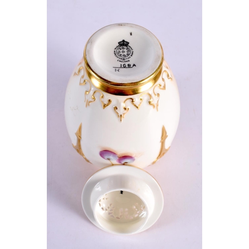 127 - Royal Worcester pot pourri vase and cover painted with fruit by Roberts, black mark shape 168A/H. 15... 