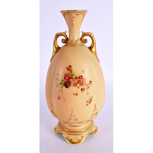 128 - Royal Worcester two handled blush ivory vase painted with flowers, shape 264 H date mark 1910R. 19cm... 