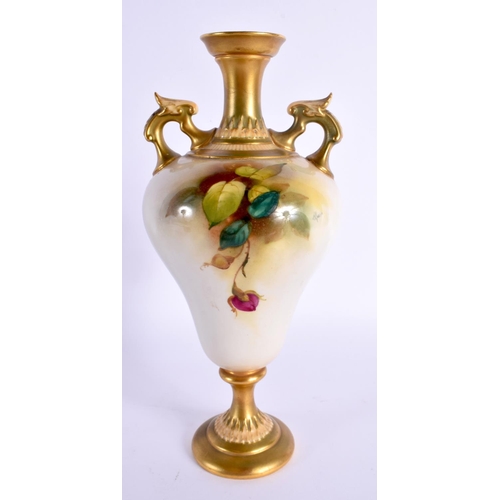 132 - Royal Worcester two handled vase painted with roses in Hadley style, shape 2426 date mark 1911. 23cm... 