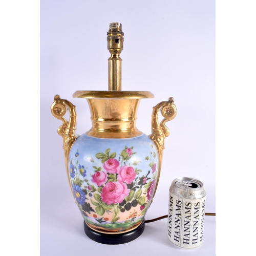 14 - A LARGE 19TH CENTURY FRENCH PARIS PORCELAIN TWIN HANDLED LAMP painted with flowers in a landscape. 4... 