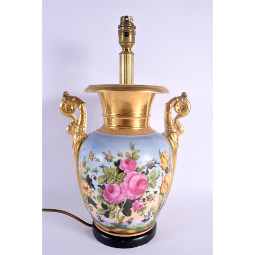 14 - A LARGE 19TH CENTURY FRENCH PARIS PORCELAIN TWIN HANDLED LAMP painted with flowers in a landscape. 4... 