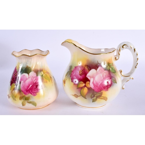 143 - Royal Worcester milk jug painted with roses by M. Hunt, signed, date mark 1938 and another vase, sha... 