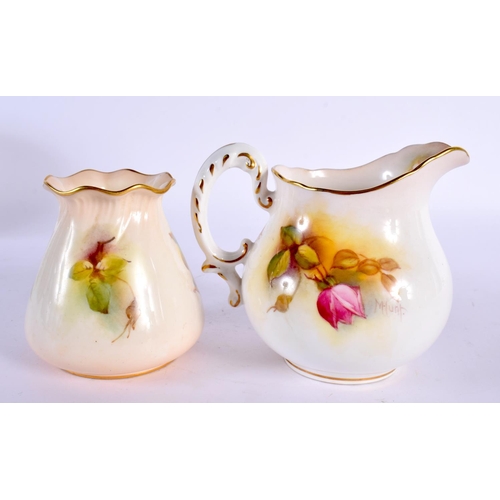 143 - Royal Worcester milk jug painted with roses by M. Hunt, signed, date mark 1938 and another vase, sha... 