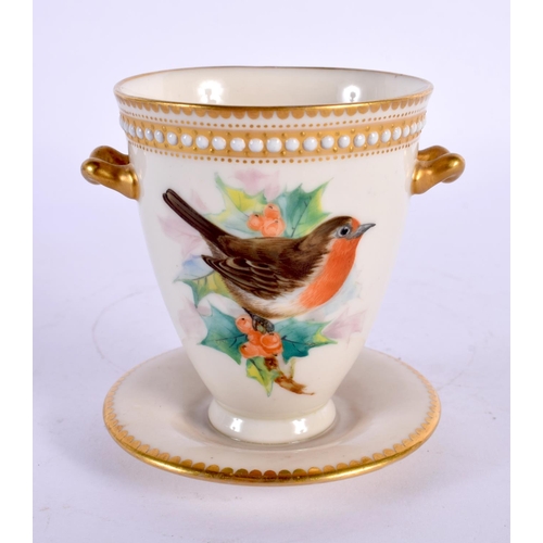 144 - Royal Worcester two handled jewelled cup on fixed stand painted with a robin and a finch by Hopewell... 