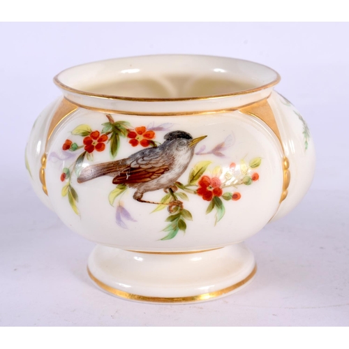 159 - Royal Worcester lobed vase painted with four bird by Hopewell, date mark 1882 and two small plates p... 