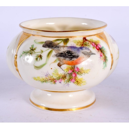 159 - Royal Worcester lobed vase painted with four bird by Hopewell, date mark 1882 and two small plates p... 