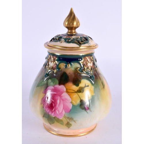 160 - Royal Worcester Hadley ware vase and cover moulded with green clay and painted with roses, shape 291... 