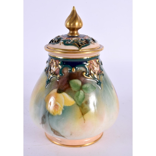 160 - Royal Worcester Hadley ware vase and cover moulded with green clay and painted with roses, shape 291... 