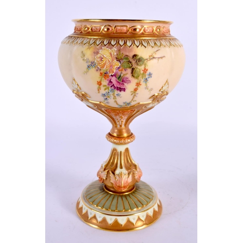 166 - Royal Worcester vase with ornate pedestal stem painted with prismatic enamels outlined in raised gol... 