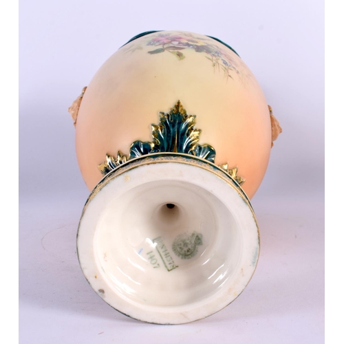 171 - Royal Worcester two-handled pedestal vase, painted in the style of Frank Roberts, with a spray of wa... 