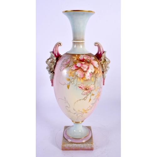 172 - Royal Worcester two-handled ovoid pedestal prismatic vase, printed, painted and gilt with flowers an... 