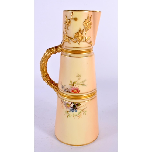 173 - Royal Worcester blush ivory two-banded claret jug, painted with wayside flowers and foliage, reeded ... 