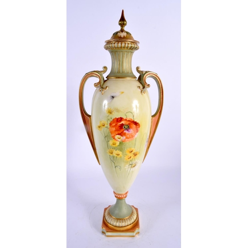 174 - Royal Worcester two-handled pedestal vase and fixed cover, the slender ovoid body painted by W. Rick... 