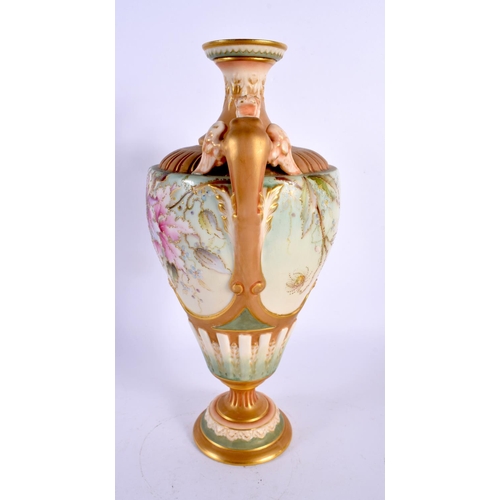 175 - Royal Worcester two-handled pedestal vase, the ogee shaped moulded body painted with a clematis, on ... 