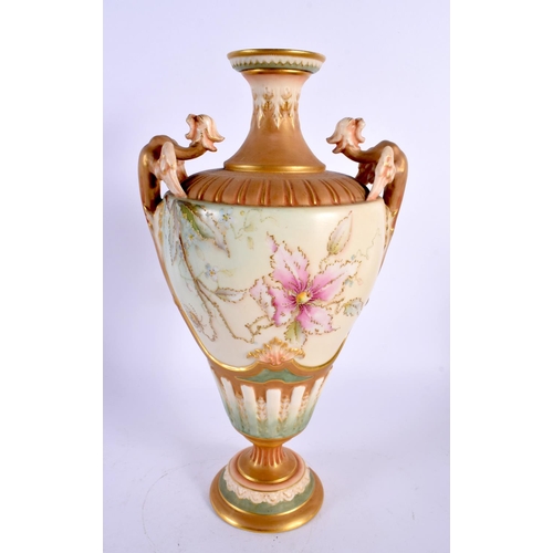 175 - Royal Worcester two-handled pedestal vase, the ogee shaped moulded body painted with a clematis, on ... 