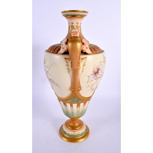 175 - Royal Worcester two-handled pedestal vase, the ogee shaped moulded body painted with a clematis, on ... 