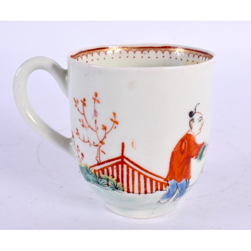 197 - 18th century early Worcester coffee cup painted with three oriental figures and a fence. 6.5cm High