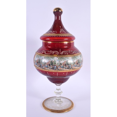 2 - AN UNUSUAL BOHEMIAN CRANBERRY ENAMELLED GLASS VASE AND COVER together with an unusual enamelled plat... 