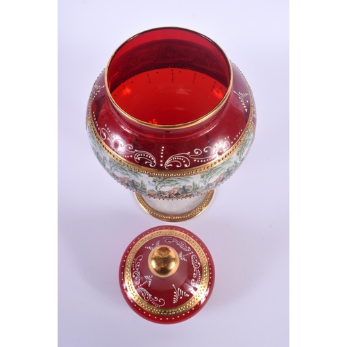 2 - AN UNUSUAL BOHEMIAN CRANBERRY ENAMELLED GLASS VASE AND COVER together with an unusual enamelled plat... 