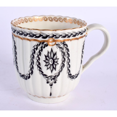 202 - 18th century Worcester coffee cup painted of fluted shape painted in black with a neo-classical styl... 