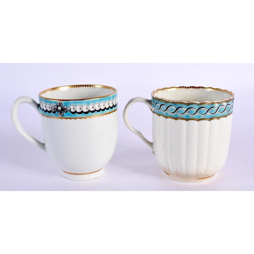 203 - 18th century Worcester coffee cups both with turquoise borders, one of fluted form  painted with a r... 