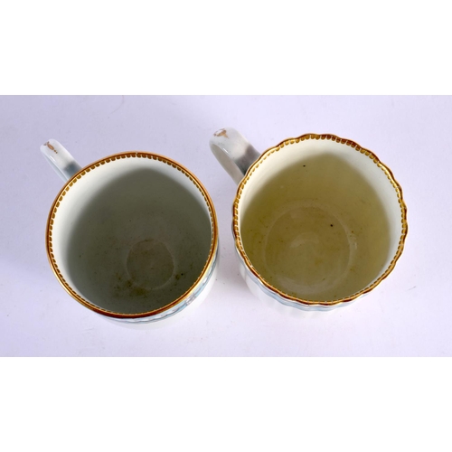 203 - 18th century Worcester coffee cups both with turquoise borders, one of fluted form  painted with a r... 