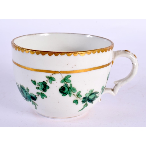 208 - 18th century Bristol tea cup or handled teabowl painted with green pendants of roses, X1 mark to bas... 