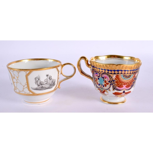 211 - Late 18th /early 19th century teacup and saucer with crack ice gilding around three gilt panels havi... 