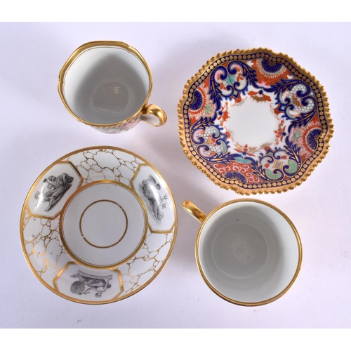 211 - Late 18th /early 19th century teacup and saucer with crack ice gilding around three gilt panels havi... 